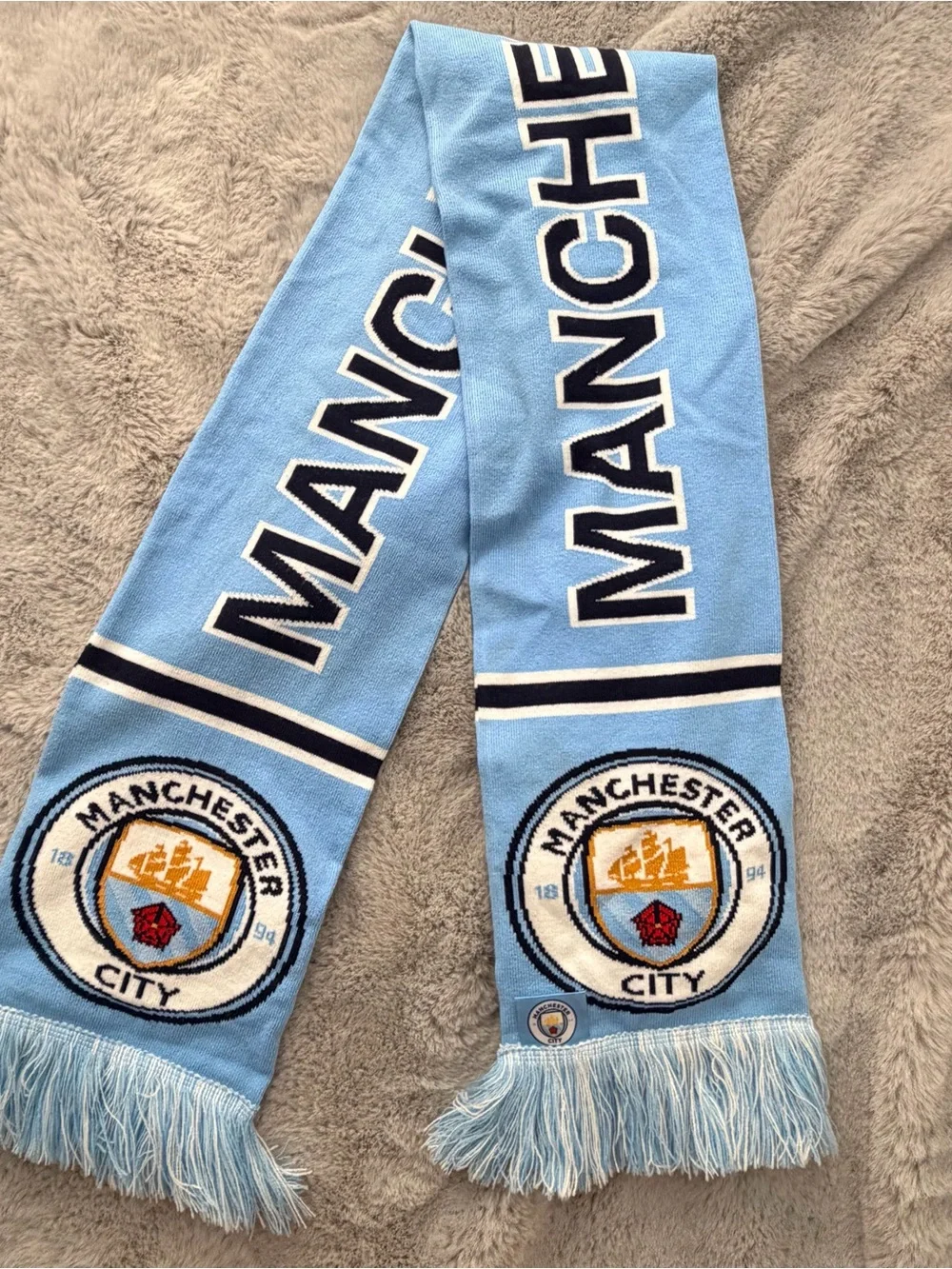 Official Manchester City FC Bar Scarf Sky Blue White Fringed Soccer Football